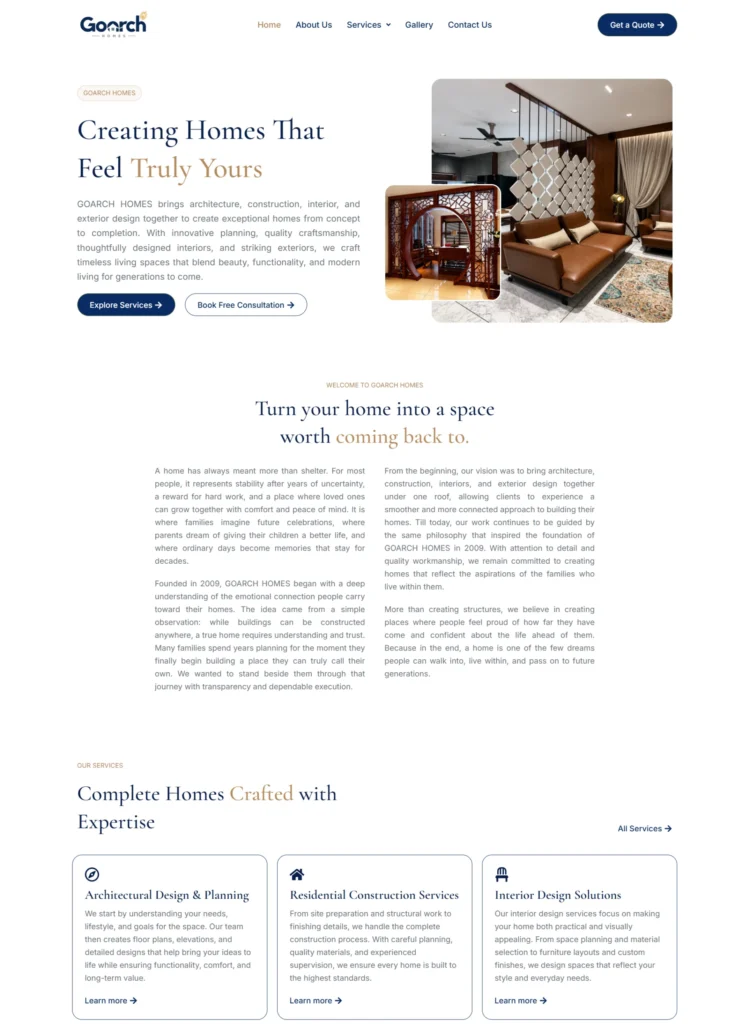 GoArch Homes website development project